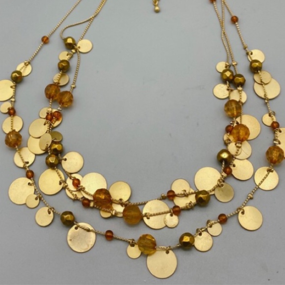 Multilayered Gold Chain Beads Rhinestones Necklace - Picture 2 of 6